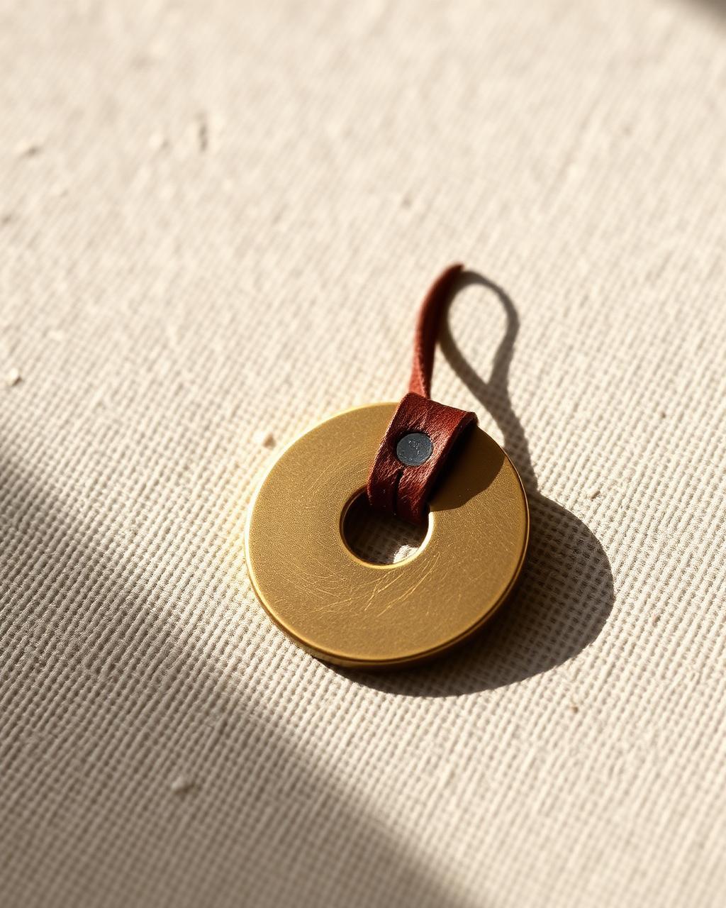 Cast bronze disc key fob with a leather loop