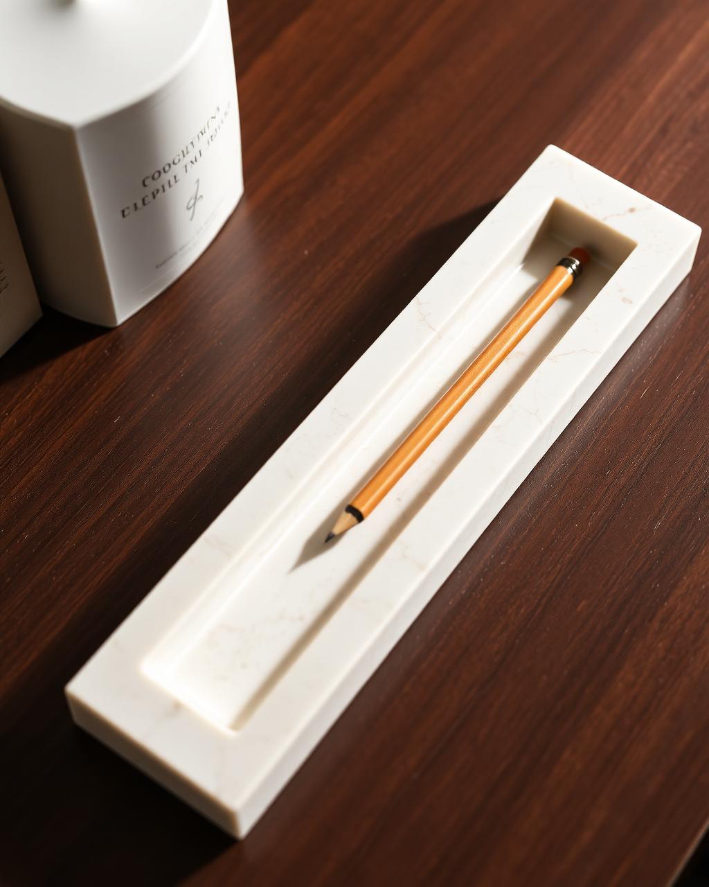 Long travertine pen tray with a milled channel
