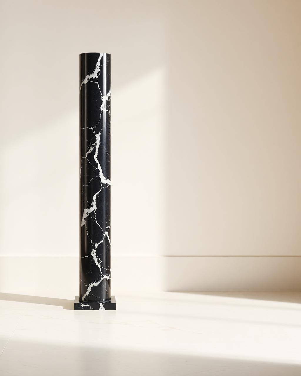 Tall polished black marble column sculpture