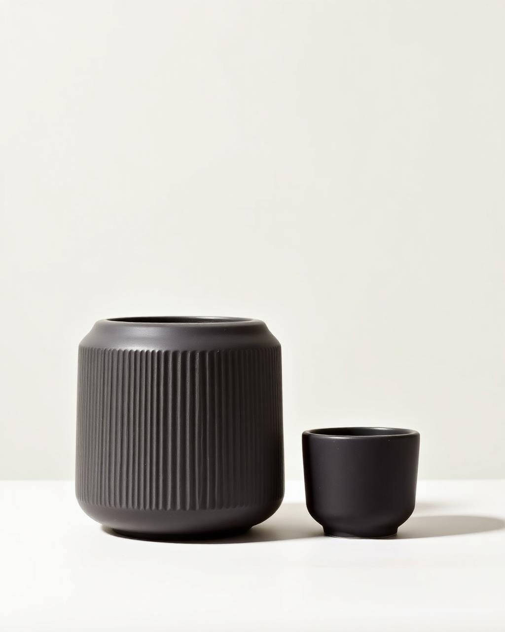 Matte charcoal ceramic ribbed vessel and cup