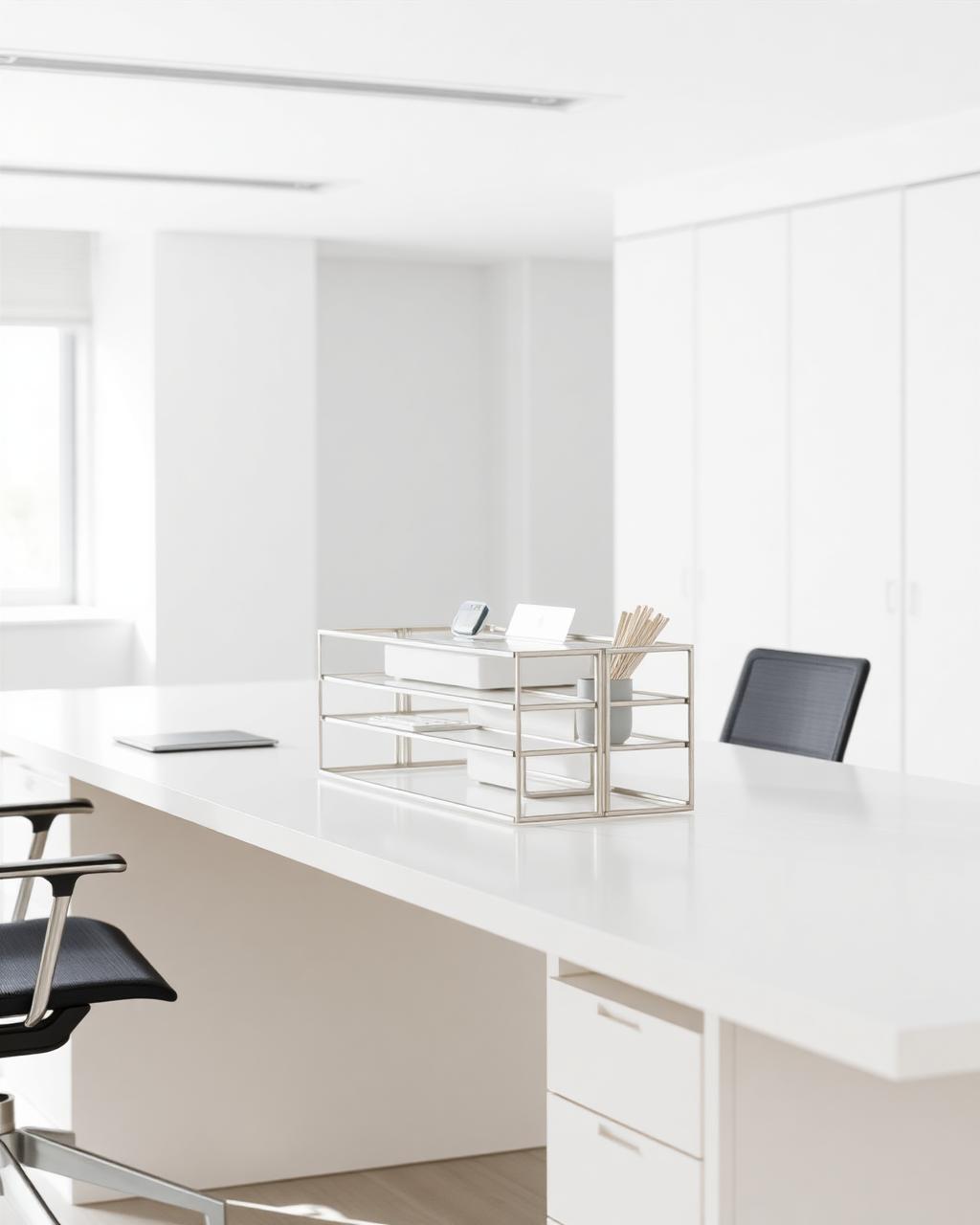 Aluminium desk system shown in a styled interior