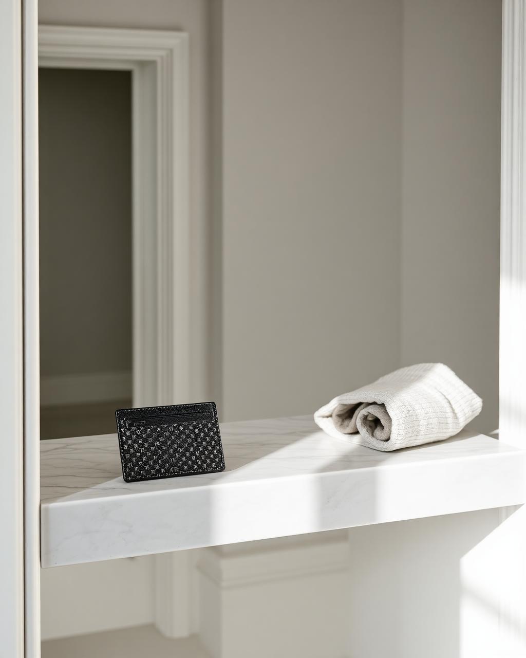 Axiom card case shown in a styled interior