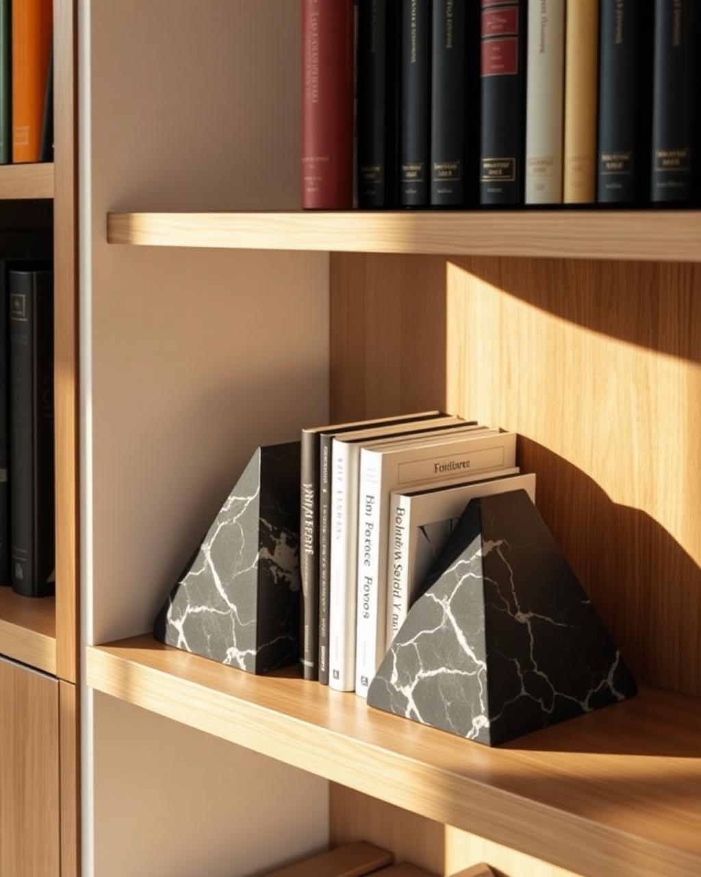 Nero marble bookends shown in a styled interior
