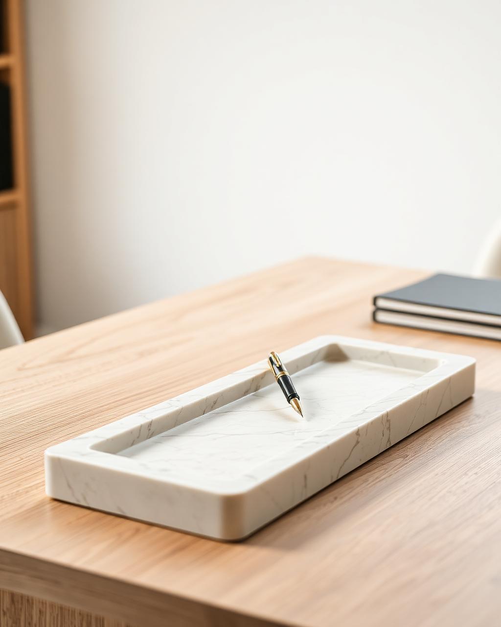 Travertine pen tray shown in a styled interior