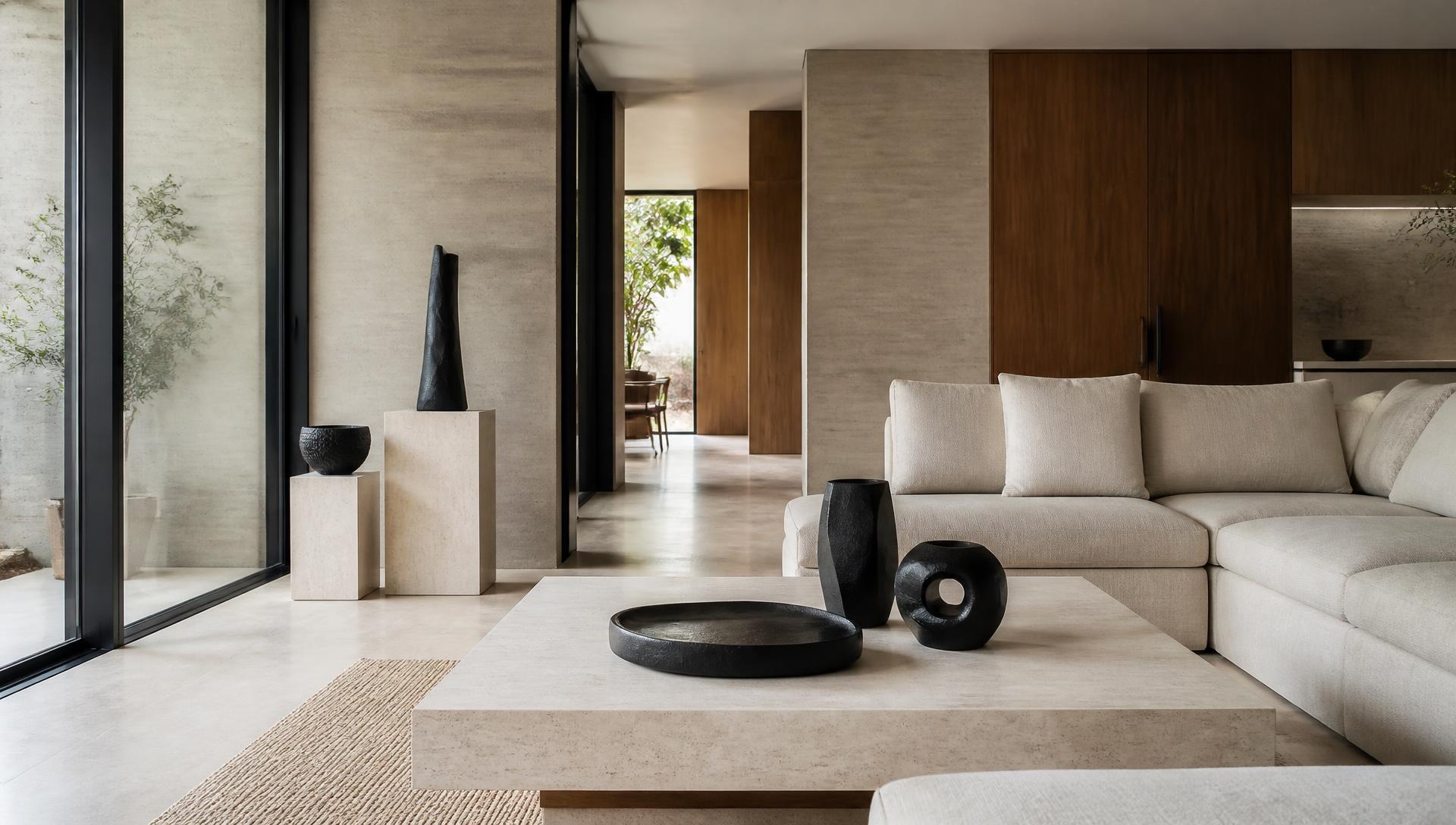 Contemporary limestone living room with carbon fibre objects on a stone table and plinths